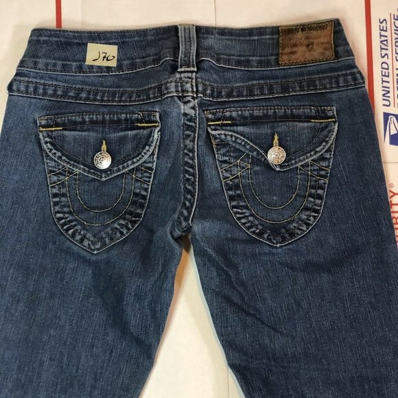 True Religion Big T Jean Size 28 Flap Pocket Twisted Flare Leg Distressed - Picture 6 of 10